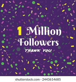 one million or 1M network of social media. Thank you 1 million followers, Vector Greeting artwork Purple background. स्टॉक वेक्टर
