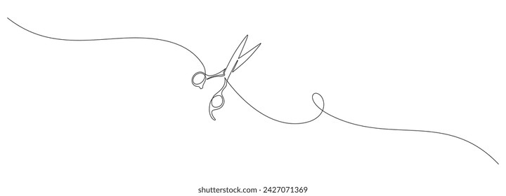 One continuous line drawing of hair scissors. Minimalistic web banner and modern logo of barber shop and hairdressing salon in simple linear style. Editable stroke. Doodle outline vector illustration Stock-vektor