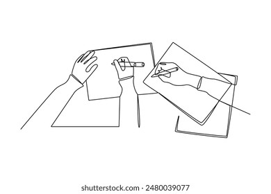 One continuous line drawing of two young people are designing a project on paper. Business Project minimalist concept. Single line draw vector graphic design illustration: wektor stockowy
