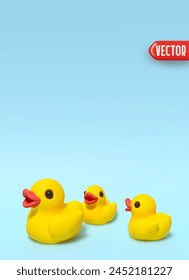 One large and two small yellow rubber ducks on a blue background surface in 3D cartoon style. Vector illustration: stockvector