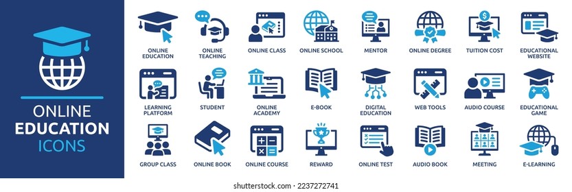 Online education icon set. Containing video tuition, e-learning, online course, audio course, educational website and digital education icons. Solid icon collection. स्टॉक वेक्टर