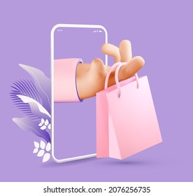 Online shopping or delivery concept illustration with 3d rendered cartoon hand holding shopping bag coming out from smartphone screen. Vector illustration 库存矢量图