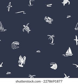 바다의 항해, 바다의 물결, 항해선 조류 바닷가재 거북, 야자나무 등 완벽한 패턴을 모두 인쇄한다. 스톡 벡터