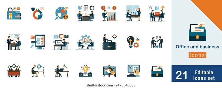 Office and business flat icons set. Workplace, teamwork, desk, partnership, planning, co working, management icons and more signs. Flat icon Immagine vettoriale stock