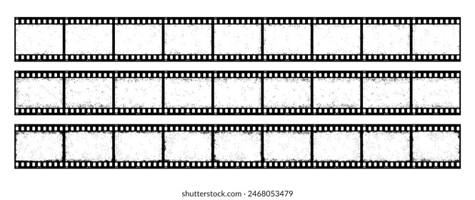 Old grunge movie film long strip, retro cinema filmstrip frames, vector background. Photo cinematography filmstrip for storyboard with grungy background, photograph video reel or movie long film strip Immagine vettoriale stock