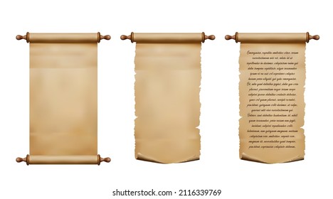 Old parchment paper scroll and ancient papyrus manuscript. Realistic antique vector rolls of rough paper with torn edges,. Certificate, treasure map or document, letter, message or diploma Stock Vector