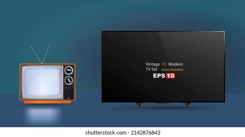 Old TV set vs modern 4k television isolated on blue background, vector illustration Stock Vector