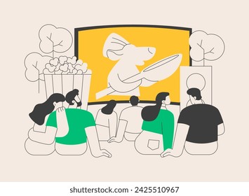 Open air cinema abstract concept vector illustration. Open air movie theater, backyard cinema, watch film outdoors, drive-in service, buy tickets online, rent inflatable screen abstract metaphor. Immagine vettoriale stock
