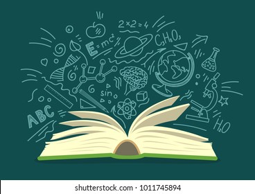 Open book with education, science hand drawn doodles on teal background. Education vector illustration. Stock Vector