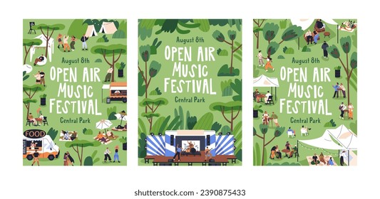 Open-air music and street food festival, posters and flyers set. Outdoor fest, summer holiday picnic in park. Promotion placard designs with tiny people in nature. Isolated flat vector illustrations – Vector có sẵn