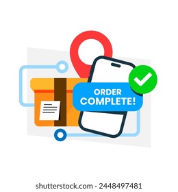 order completed. package order via mobile app service, successfully received concept illustration flat design vector. simple modern graphic element for landing page ui, infographic, icon 库存矢量图