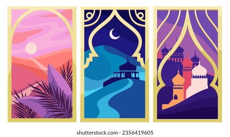 Oriental arch windows set vector illustration. Cartoon minimal Middle East city architecture and desert landscape collection inside gold window frames, mosque and tropical leaf abstract silhouettes: stockvector