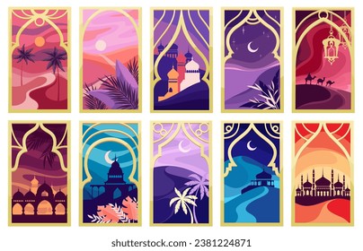 Oriental arch windows set vector illustration. Cartoon minimalist landscapes for Ramadan, Eid Mubarak greeting card design, Islamic architecture and nature inside gold window frames with ornament: stockvector