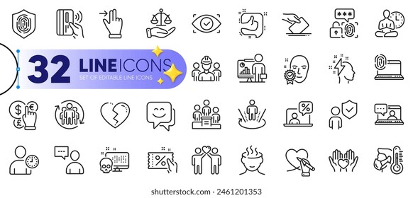 Outline set of Justice scales, Teamwork and Yoga line icons for web with Like, Online tax, Users chat thin icon. Touchscreen gesture, Stress, Biometric eye pictogram icon. Broken heart. Vector: stockvector