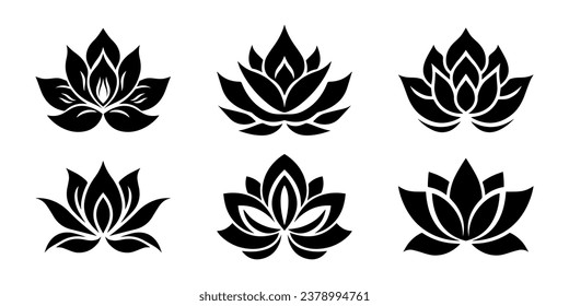 Lotus flower logo. Set of black lotus logo. Vector illustrations isolated on white background. Can be used as icon, sign or symbol - for yoga and meditation, for spa salon. Lotus silhouette. Immagine vettoriale stock