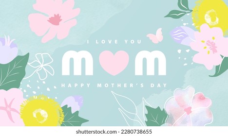 I love you mom,happy mother's day.Background with beautiful flowers,butterfly and watercolor texture.Vector illustration Stock Vector
