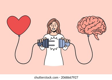 Love and positive emotions concept. Young smiling woman cartoon character standing connecting charging red heart and brain vector illustration  库存矢量图