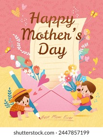 Lovely Mothers Day poster. Kids carrying bouquet and pencil in front of letter with flowers. Stock-vektor