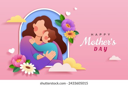 Lovely paper art Mothers Day card. Mom and baby on light pink background with flowers. Stock Vector