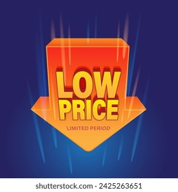 下矢印の付いた低価格。価格下落または価格下落の概念。低価格のコンセプト。のベクター画像素材