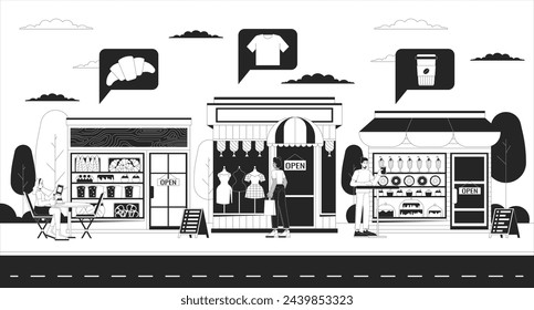 Local small businesses black and white 2D illustration concept. Coffee shop, clothes store and bakery on street cartoon scene background. Entrepreneur services outline scene vector image เวกเตอร์สต็อก