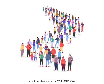 Long queue of crowd. People line marketing traffic, path together person row society standing group waiting of job, work human follow in business office, vector illustration long queue line Immagine vettoriale stock
