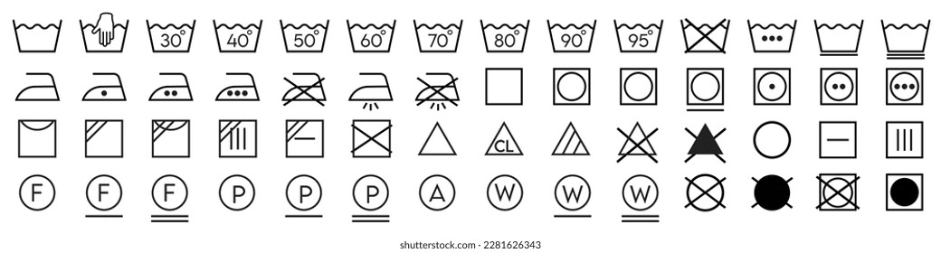 Laundry care label symbols collection. Clothes washing instruction icon vector set. Isolated care tag sign on white background. Vector illustration 库存矢量图