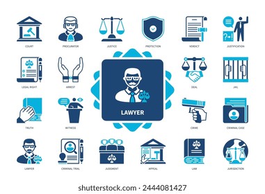 Lawyer icon set. Procurator, Verdict, Jurisdiction, Appeal, Legal Rights, Criminal Case, Justification, Court. Duotone color solid icons, vector de stoc