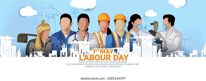  Labor Day ( 1st May) big Poster,banner With A Group Of People Of Different Occupations With abstract Background  Stock Vector