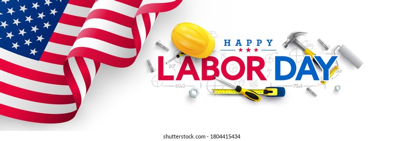 Labor Day poster template.USA Labor Day celebration with American flag,Safety hard hat and Construction tools.Sale promotion advertising Poster or Banner for Labor Day Stock Vector