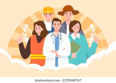 Labor day, working people of various professions communicate, with buildings and labor tools in the background, vector illustration Stock Vector