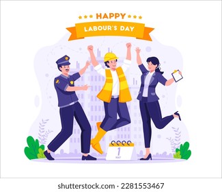 Labor workers are having fun jumping together happily. Worker, Policeman, and Female Teacher celebrating Labour day on 1st May Stock Vector