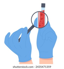 Laboratory blood test for infection. Doctors hands hold magnifying glass and test tube with blood sample to research and find viruses and bacteria in hematology analysis cartoon vector illustration 库存矢量图