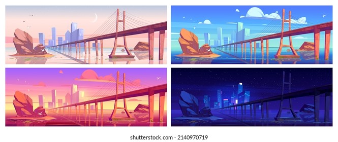 1日の異なる時間にスカイライン上の橋と都市と湖の風景。早朝、正午、夕焼け、夜の川、島と町、高架道路のベクター漫画イラストのベクター画像素材