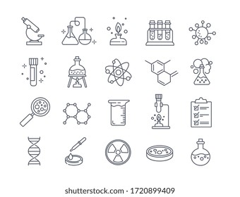 설계 요소에 대해 흰색으로 격리된 여러 종류의 실험, 글라시웨어 및 분자를 보여 주는 큰 Chemistry 랩 및 다이어그램 아이콘, 흑백 벡터 그림 스톡 벡터