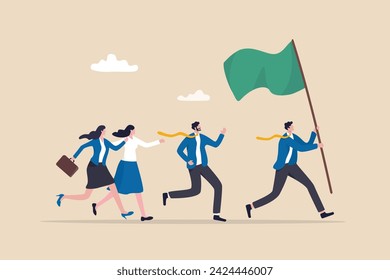 Leader determination to lead team to success, motivation to win together, direction forward for future success, victory or triumph concept, businessman leader holding winner flag leading to success. Stockvektor