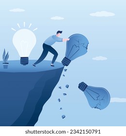Learning from failures, striving for best. Creative businessman throws broken light bulbs off cliff. ambitious entrepreneur came up with an innovative idea. Brainstorming, pitching ideas. flat vector Immagine vettoriale stock