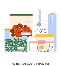 Leftovers. Sustainable cooking, repurpose nextovers to reduce food waste. Food freezing. Preservation of fruits and vegetables in a freezer. Sustainable solution. Flat vector illustration. Stockvektor