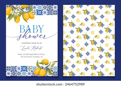 Стоковое векторное изображение: Lemon Blue Tile Baby Shower Invitation Template, Mediterranean Amalfi Coast Baby Shower Invitation. Italian theme Tuscan beach party, Coastal Baby. Vector illustration. 