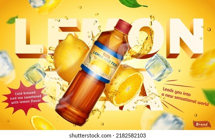 Lemon iced tea banner ad. 3D Illustration of bottle of iced tea splashing with tea leaves, ice cubes and fruit with bold title on yellow background Stockvektor