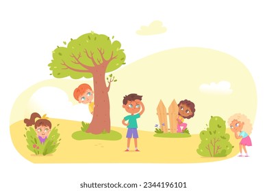 Little kids playing hide and seek in park. Playing game with friends outdoor in summer vacations vector illustration. Boy counting, boys hiding begind tree, girl running to hide. Immagine vettoriale stock