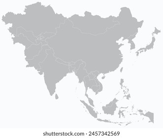Light grey detailed blank political map of ASIA with white country borders using orthographic projection on light blue background, without the Middle East: stockvector