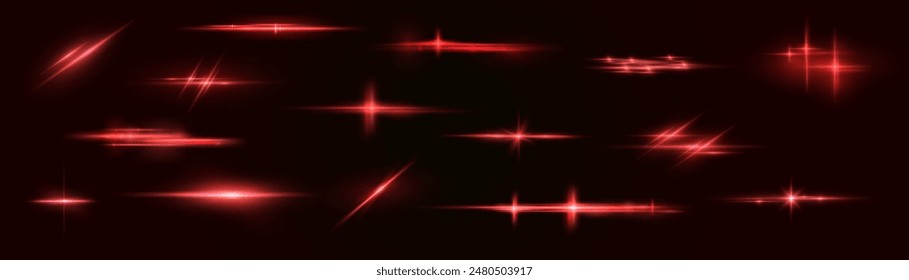 明るい赤のエフェクト反射、赤い色のネオン照明。明るいライトレンズ。警察の光の効果、線。黒い背景に光沢のある星、輝くスパーク。ベクター画像赤色光効果のベクター画像素材
