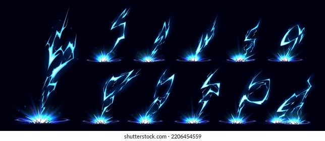 Lightning bolt hit into ground vfx effect. Blue electric or magic thunderbolt strike, impact, crack, wizard energy flash. Powerful electrical discharge, Cartoon vector set isolated on black background Arkistovektorikuva