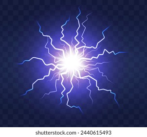 Lightning flash light thunder spark on transparent background. Lightning ball, electric strike impact. realistic sparking blue flash, electrical discharge of thunderstorm Arkistovektorikuva