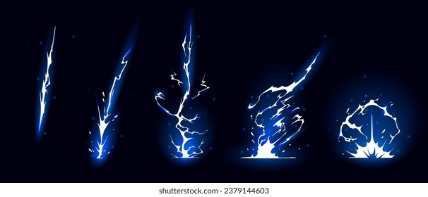 Lightning strike bolt silhouettes sequence vector illustration. Black thunderbolts and zippers are natural phenomena isolated on a dark background. Thunderstorm electric effect of light shining flash. Arkistovektorikuva