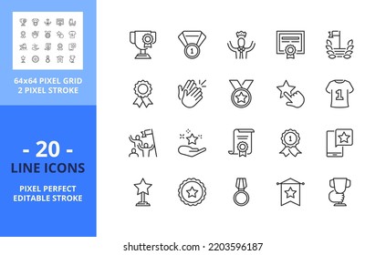 Line icons about awards and acknowledgements. Contains such icons as medal, trophy, the best, achievement, excellence and certificate. Editable stroke. Vector - 64 pixel perfect grid Arkistovektorikuva