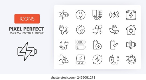 Line icons about battery charging. Contains such icons as charger, ev charger station, power bank and more. Editable vector stroke. 256 Pixel Perfect scalable to 128px... Immagine vettoriale stock