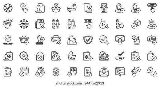 Line icons about checked as approved, check mark, tested, verified and validation. Editable stroke and pixel perfect. – Vector có sẵn