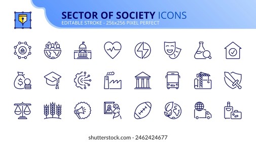 Стоковое векторное изображение: Line icons about sector of society. Contains such icons as education, health care, transport, industry, finance, justice and agriculture. Editable stroke. Vector 256x256 pixel perfect.